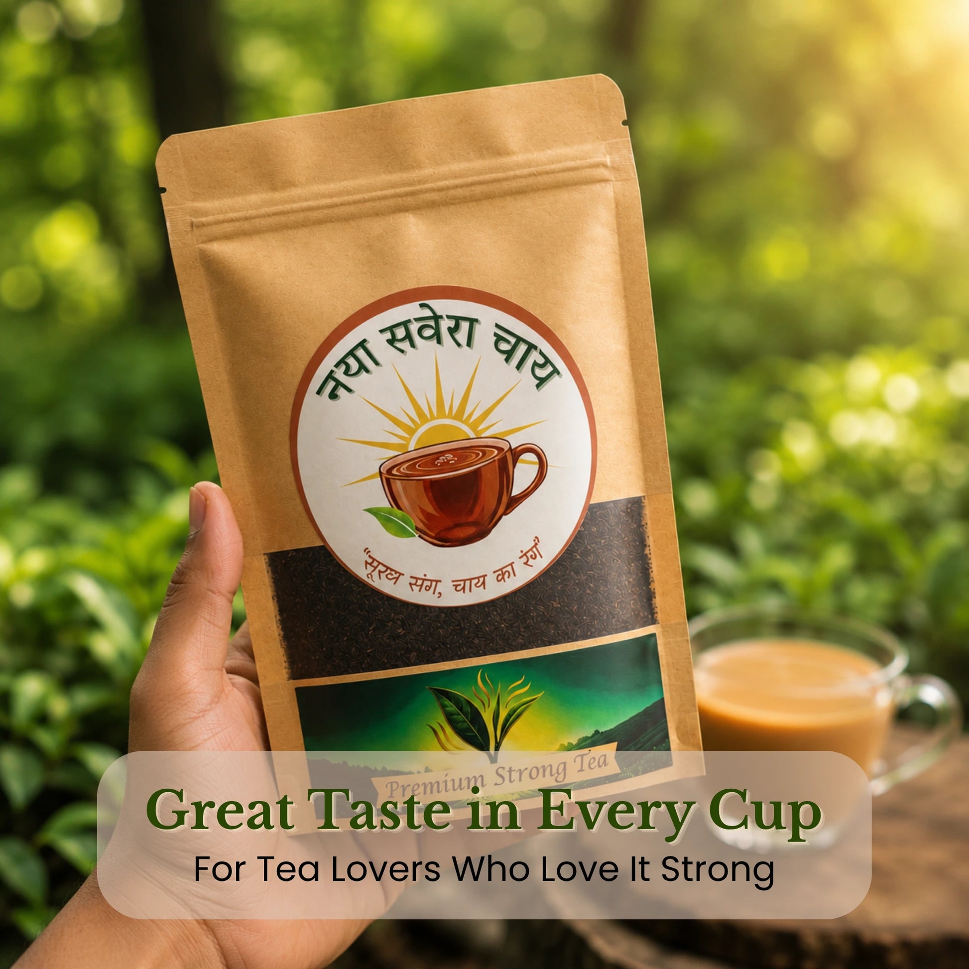 Tea package held by a hand with a blurred tea plantation background