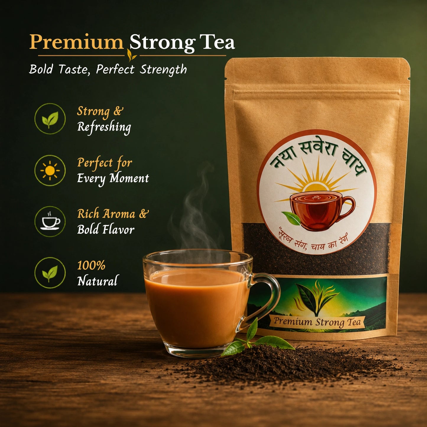 Tea package with a cup of tea on a wooden surface, featuring text about the tea's qualities.