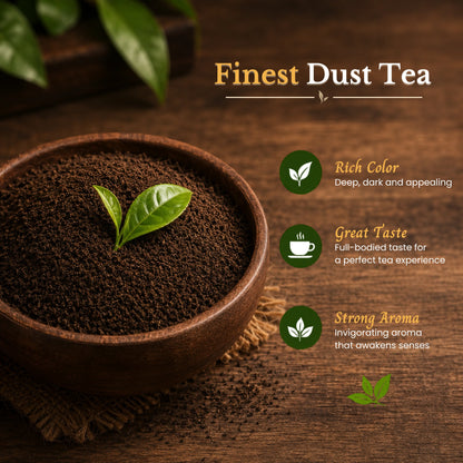 Finest Dust Tea with a bowl of dark tea leaves and green leaves on a wooden surface.