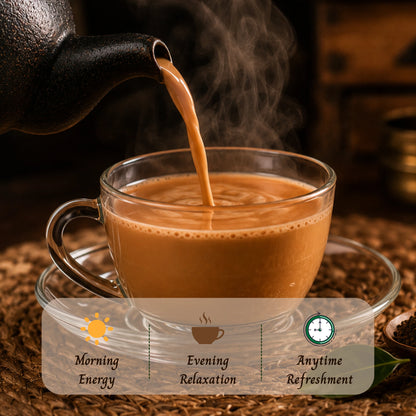 Steaming cup of coffee being poured from a teapot with text labels 'Morning Energy', 'Evening Relaxation', and 'Anytime Refreshment'.