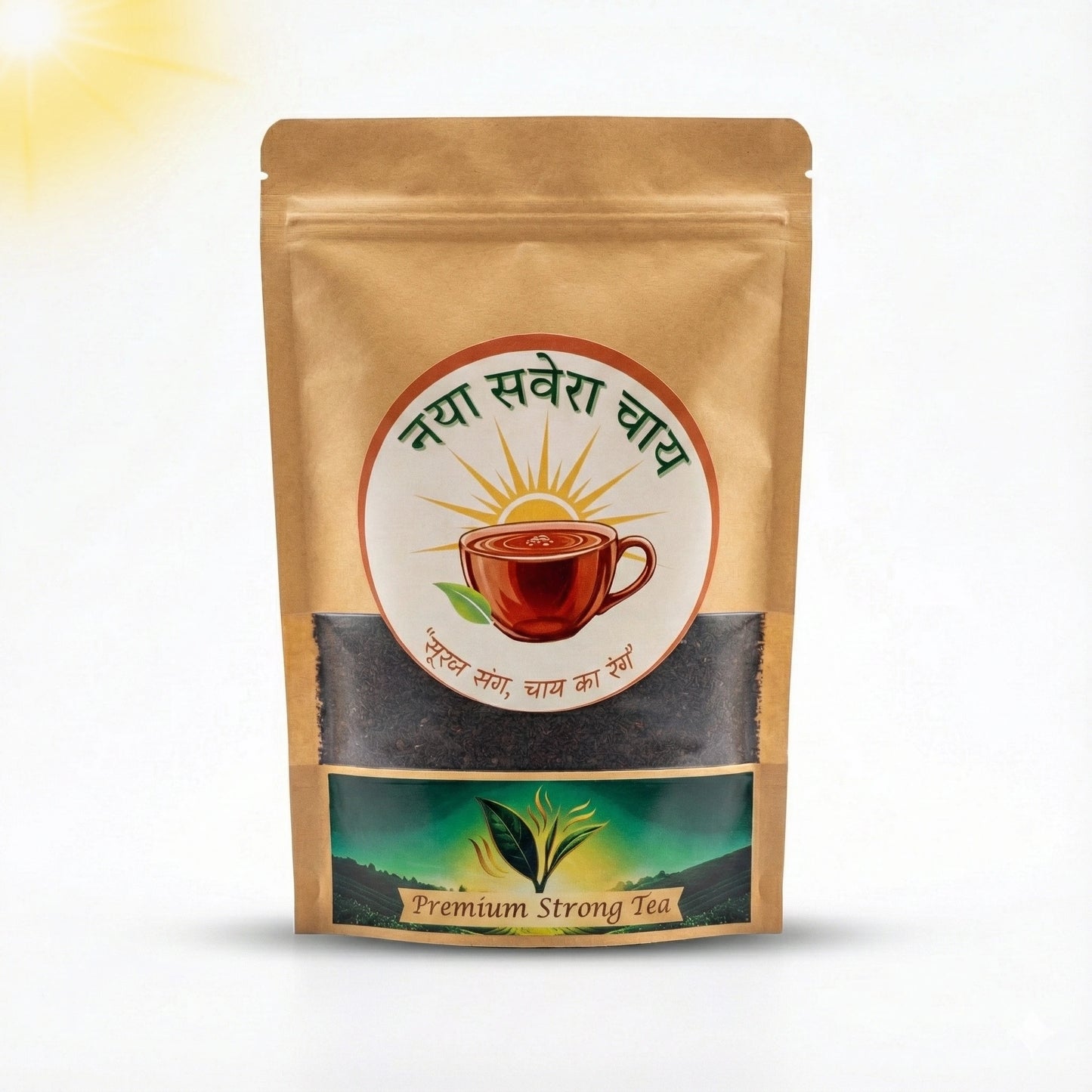 Tea package with a cup and leaf design on a white background