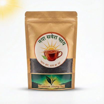Tea package with a cup and leaf design on a white background
