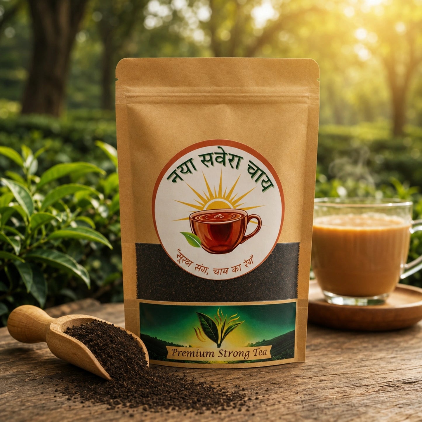 Tea package with a spoonful of tea leaves and a cup of tea in a natural setting.